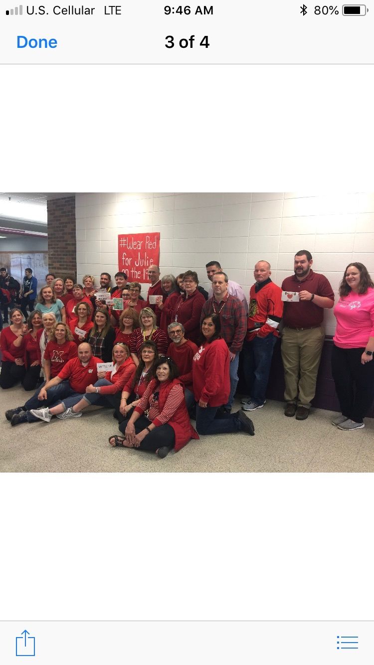 On this â€œwear redâ€ day, I love this picture from April 19, 2018 when many co-workers wore red for me on the day of my mitral valve repair.