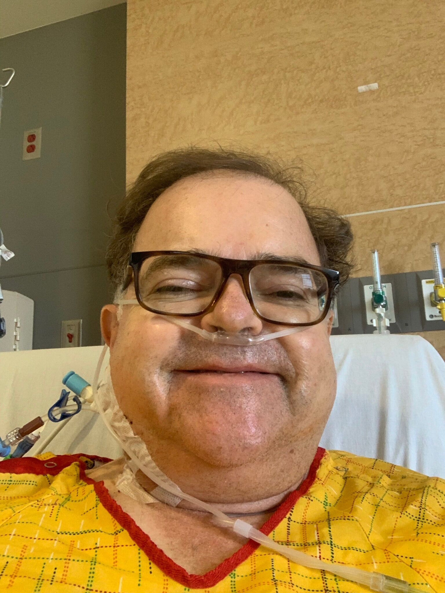 This was my first post op day. The smile may have been influenced by some dilaudid. The surgery went well Dr Doolhab was able to get things done via a 3 inch incision in my upper chest wall. The most uncomfortable thing was the chest tube . Man that hurt.