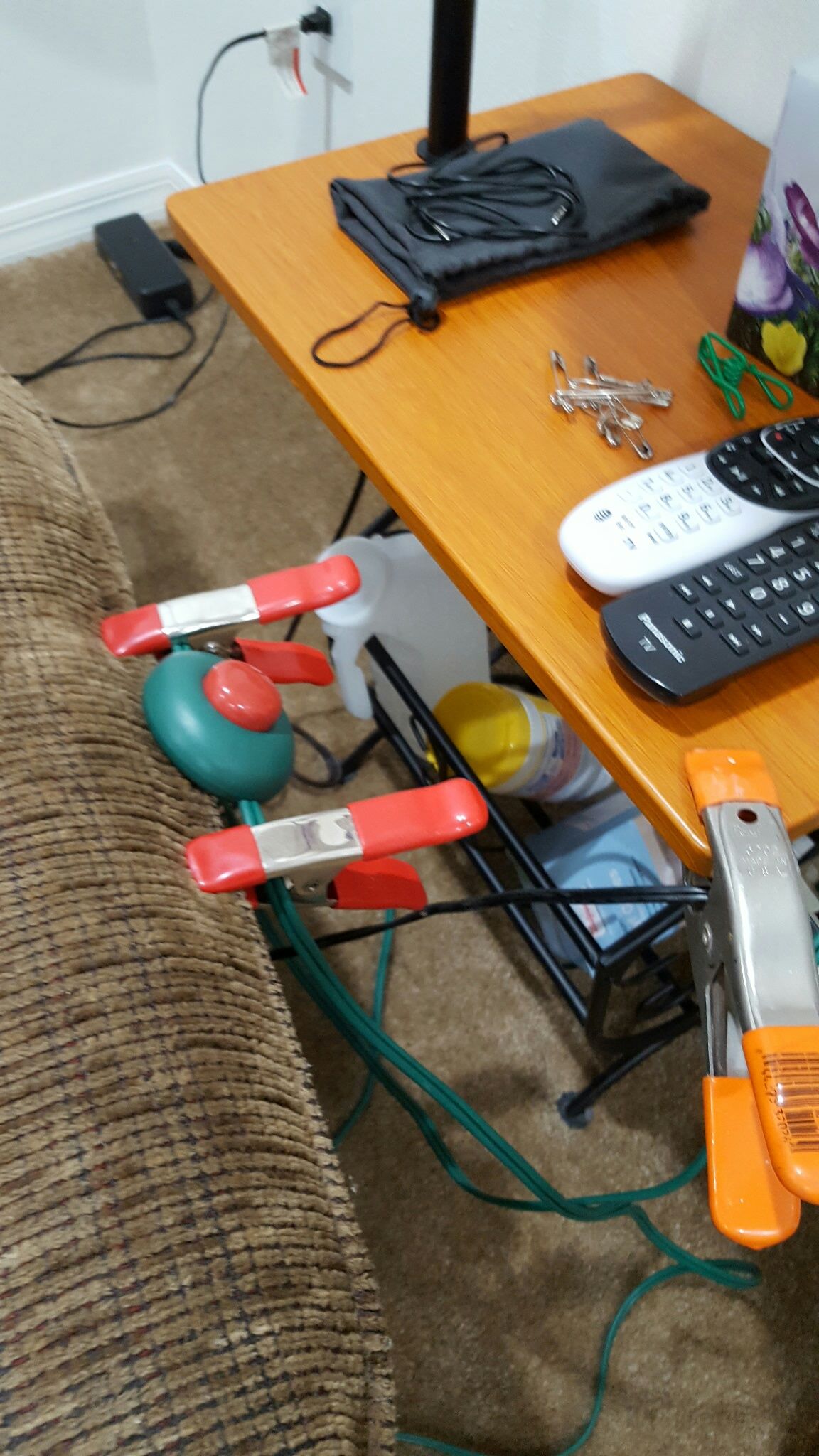 I am using a Christmas light switch to turn lights on and off. Clipped to my chair.