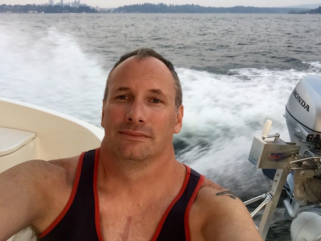 Six month zipper selfie. 75 SPF on Lake Washington. Off we go to the one year mark.