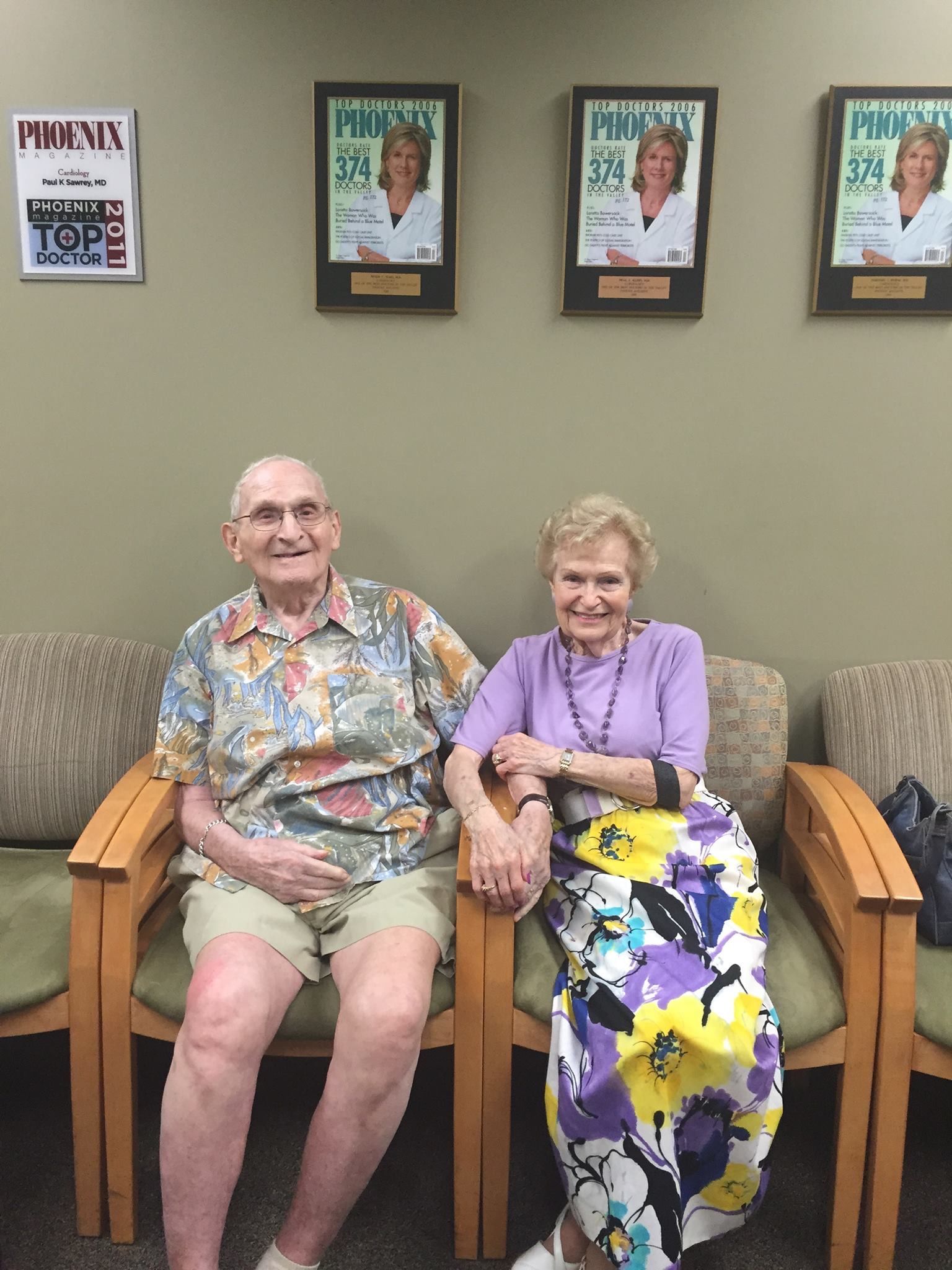 My husband and I in the waiting room of Dr. Timothy Byrne, the cardiologist on the TAVR. This was the first time that Murray had sat in a regular chair, except for the recliner I bought for him a number of months ago, in five years. He is confined to a