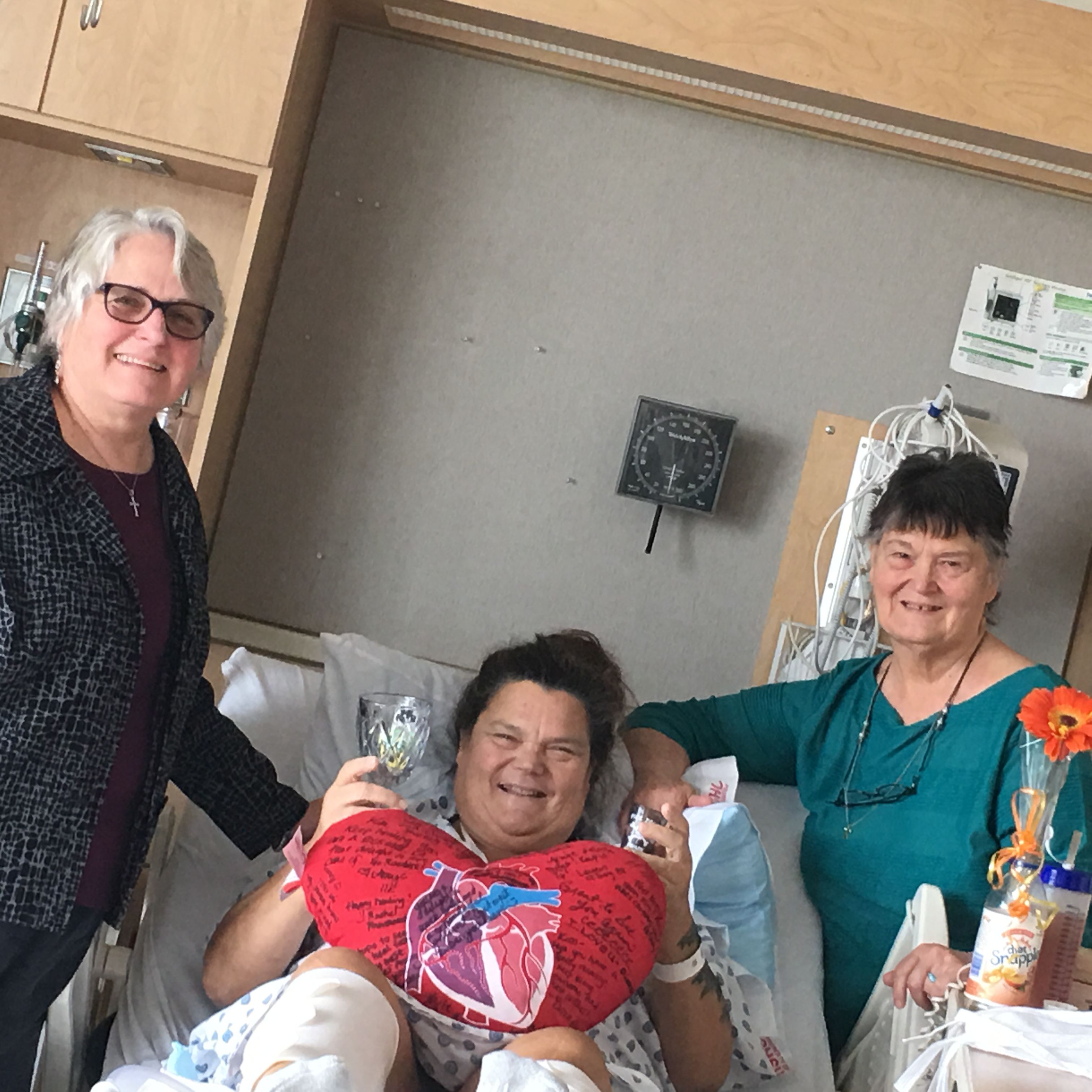 Visiting my friend, Kim (middle) and her mother, Patsy (right) @ OHSU. We are celebrating an early Halloween & my good news from cardiologist this week.