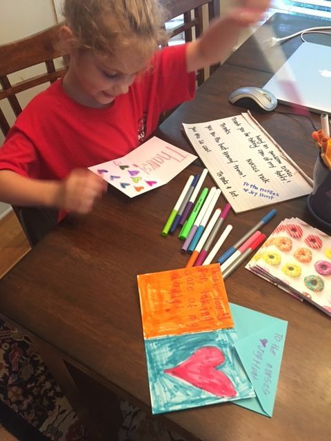 My daughter making thank you cards for all the nurses!