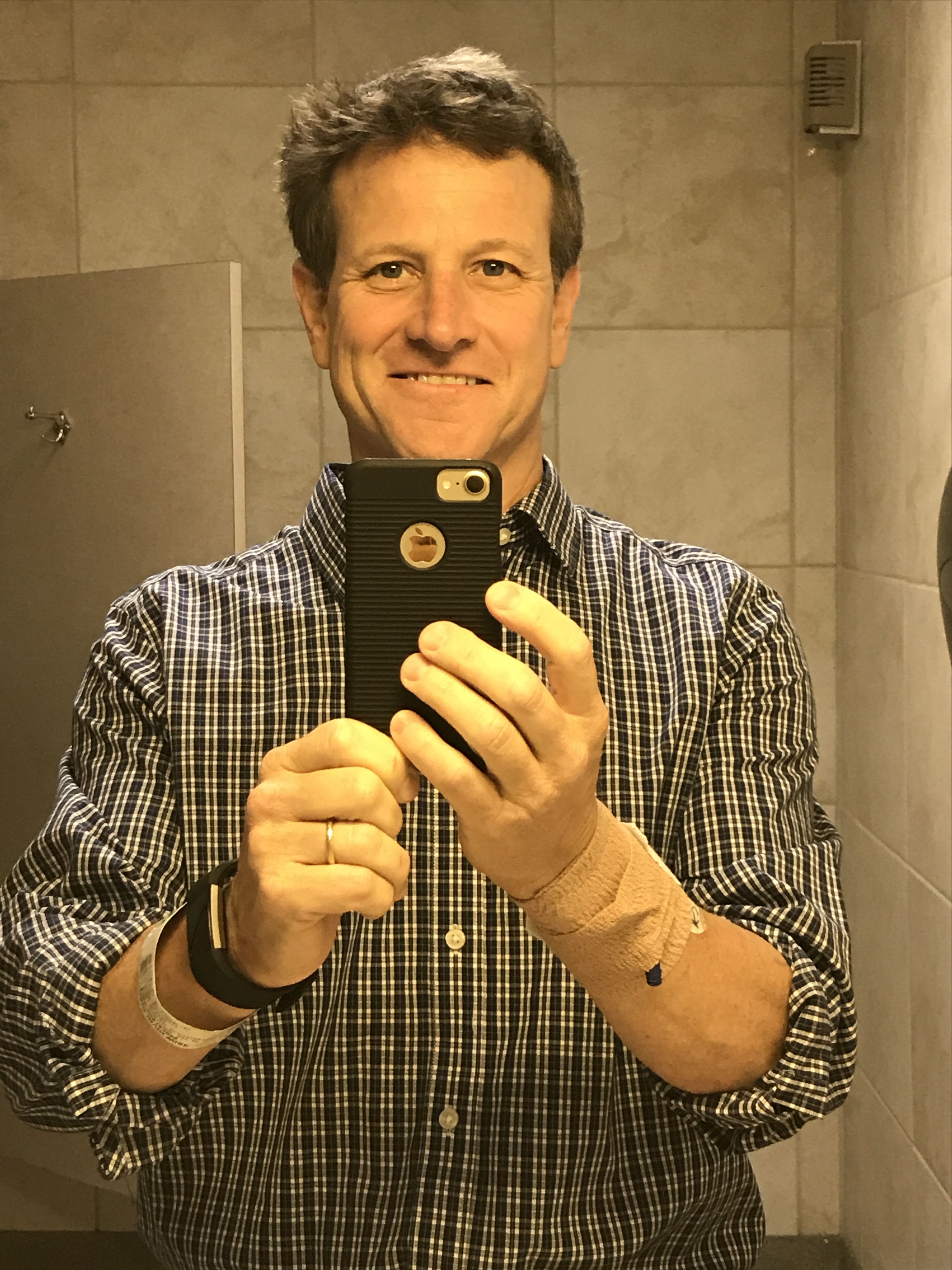 Morning of release from hospital. Post op day 6. SO HAPPY to leave hospital! Still have IVs to remove, but boy was I ready.