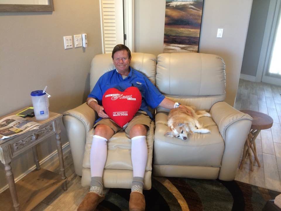 Back home 6/28, 5 days post surgery with my emotional service dog, Buffy.