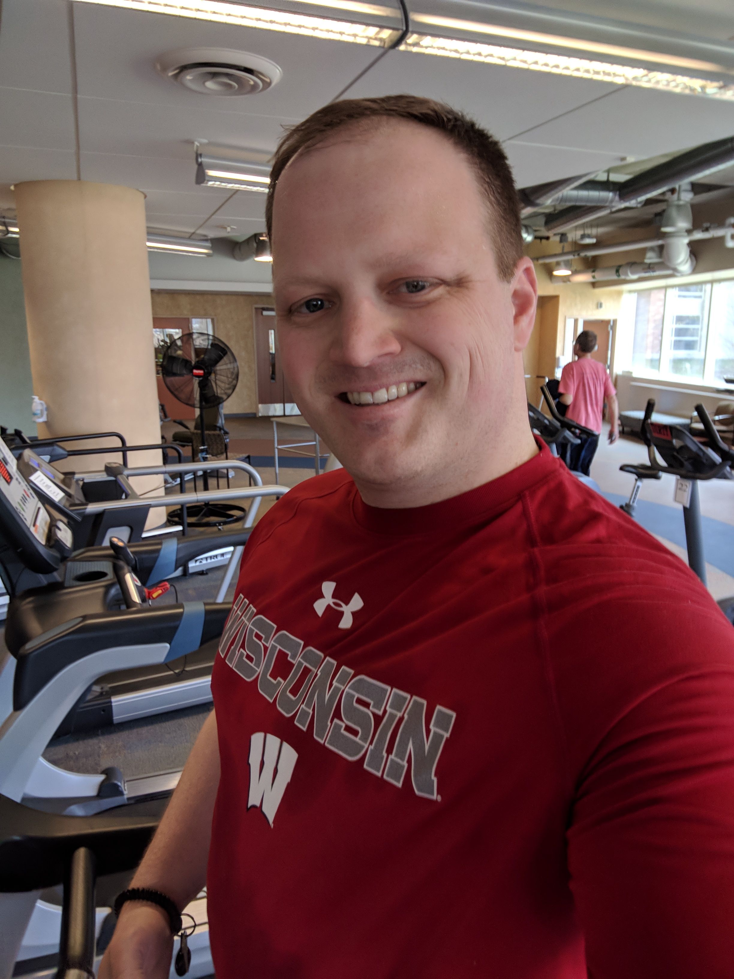 Getting my miles in at cardiac rehab, Go Badgers!!