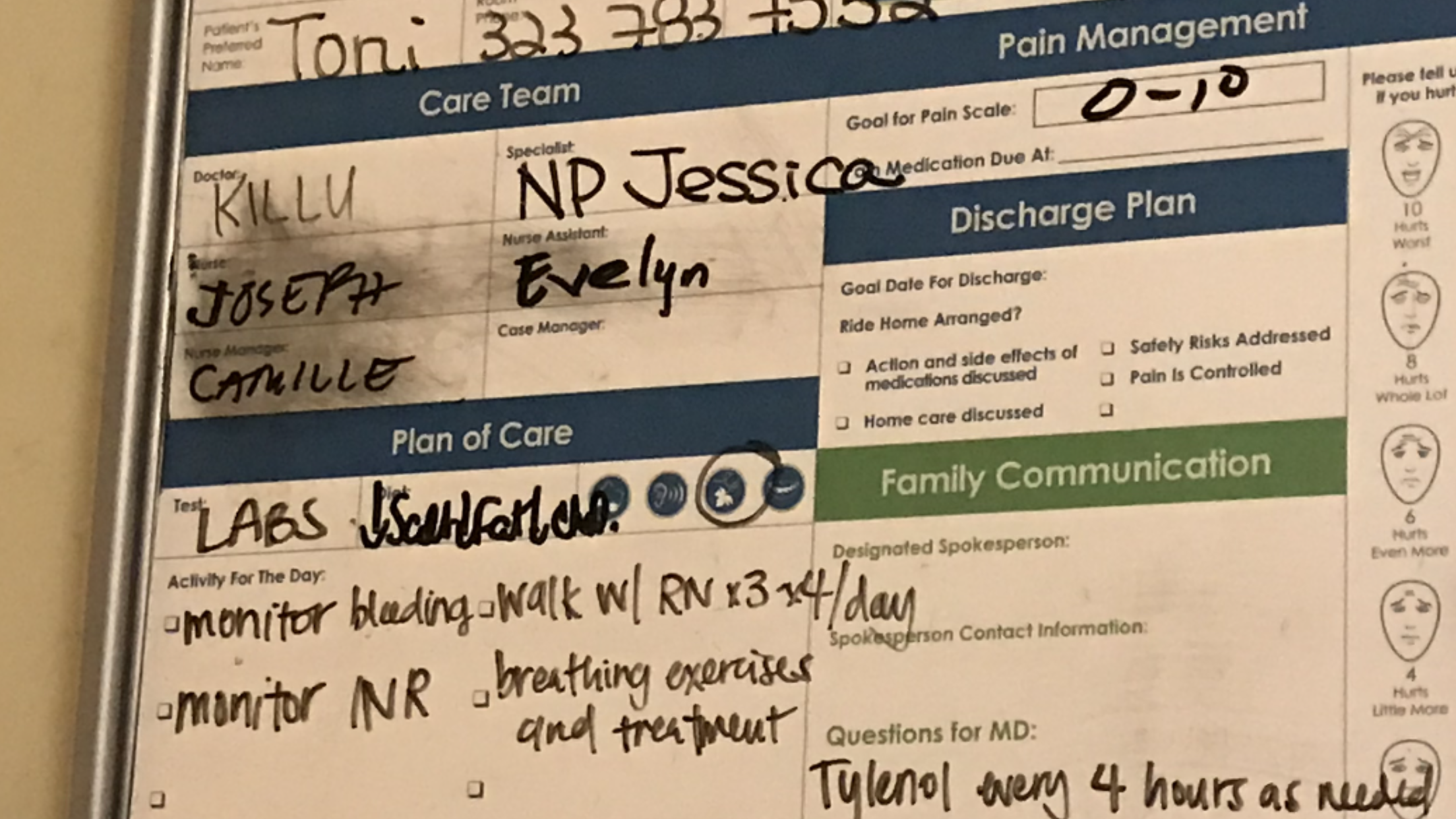 Check out the doctorâ€™s name on my board. At 3 am, I couldnâ€™t sleep and looked around my room and I couldnâ€™t believe that was my right. I thought someone was playing a joke so I took a picture before it got erased. Yup, the board was correct. ðŸ˜Š