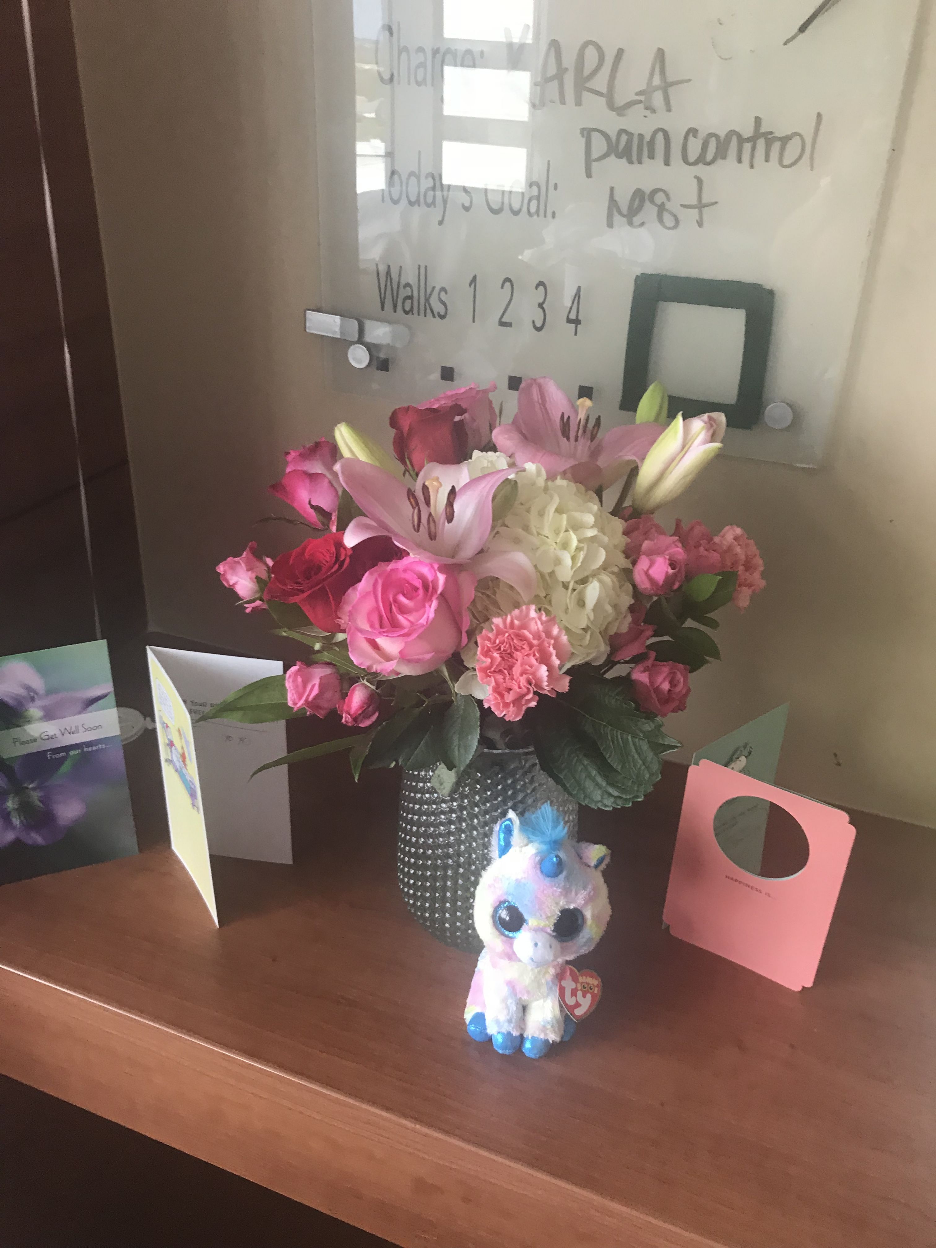 My beautiful flowers from my bestie! And my unicorn from my daughter.